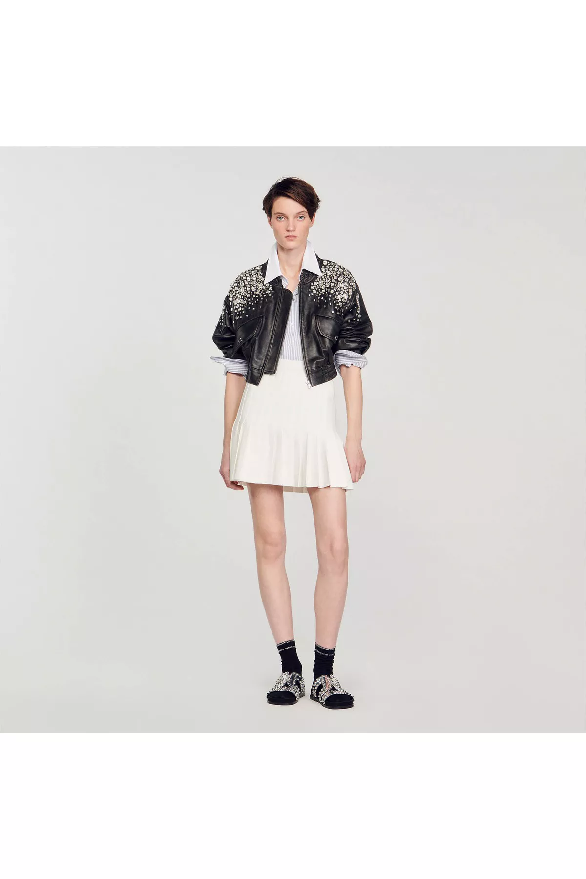 Crystal-Studded Leather Jacket by Sandro at THE MILE