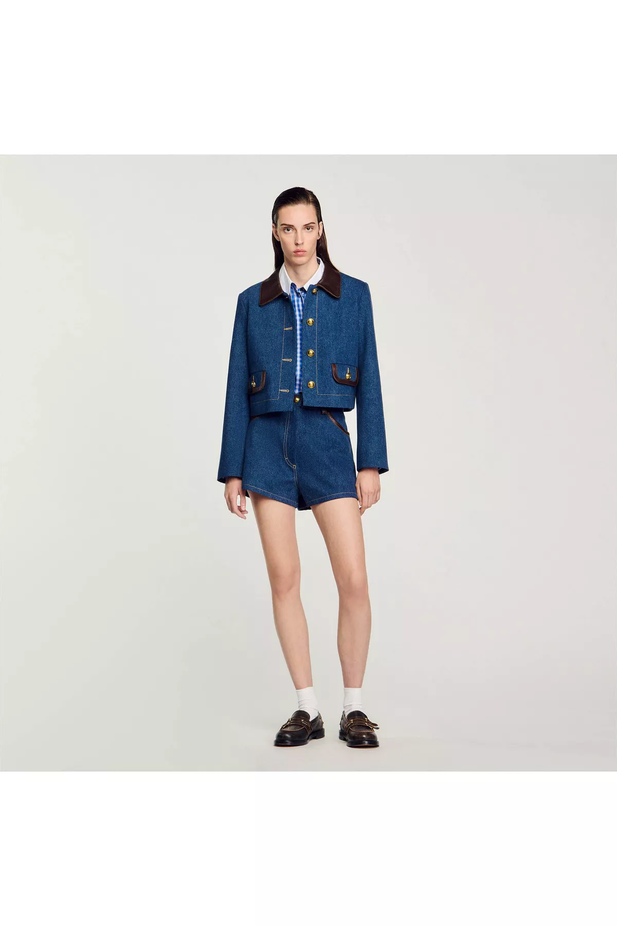 Denim Jacket With Leather Collar by Sandro at THE MILE
