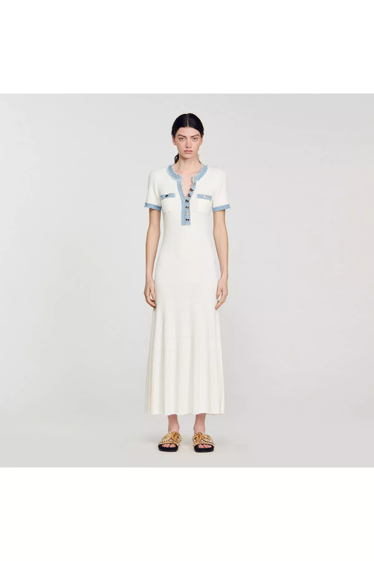 knee length dresses for ladies Blanche Knit Denim Dress – SEROYA
