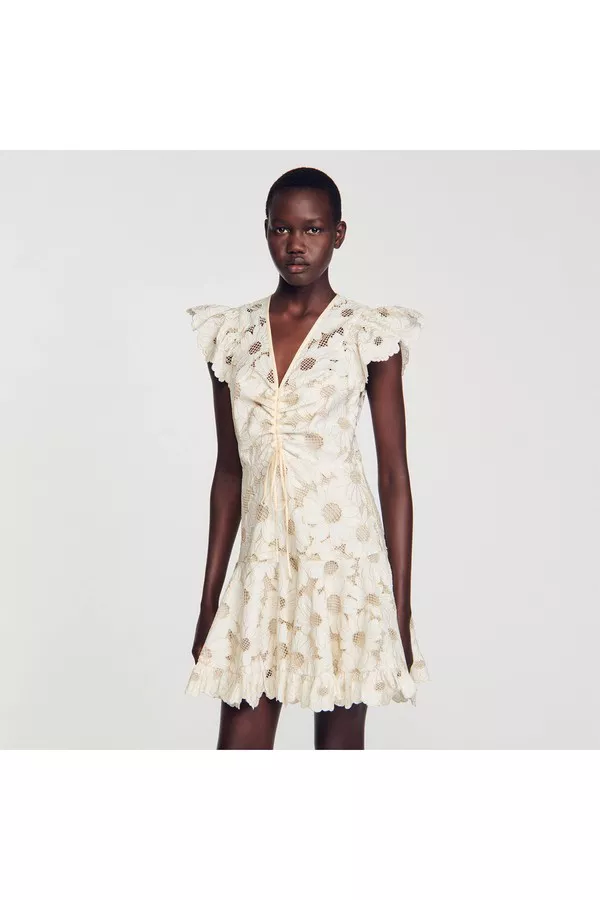 sandro short printed dress with ruffles Laurine Floral Print Ruffled Short Dress Black