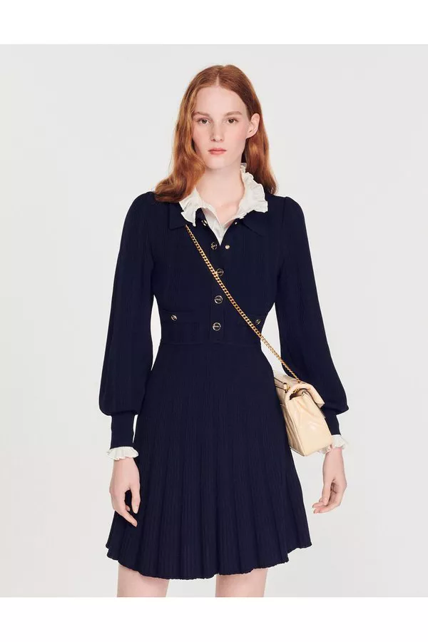 open lace back dress SANDRO VICTOIRE SILK-WOOL POLO PLEATED KNIT MIDI DRESS – Dark Blue
