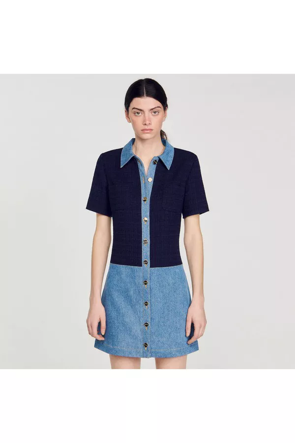 sandro denim tweed dress Sandro Amadora Denim Tweed Dress In Purple Blue