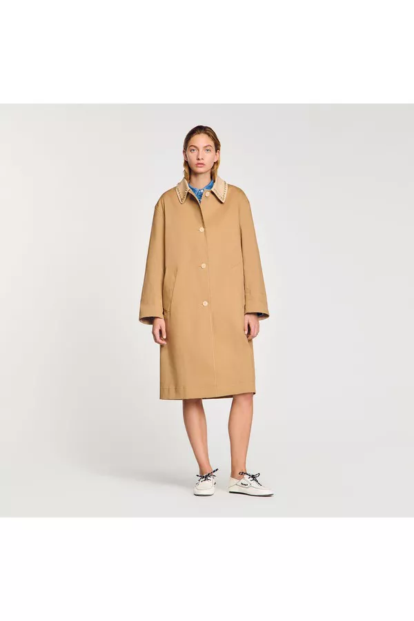【SANDRO】Trench coat with rhinestone collar Sandro Trench Coat with Rhinestone Collar | Saks Fifth Avenue