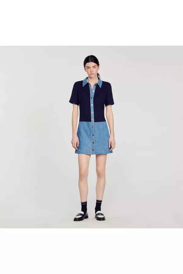 sandro white dress with denim Sandro Denim-Trim Mini Dress in Natural