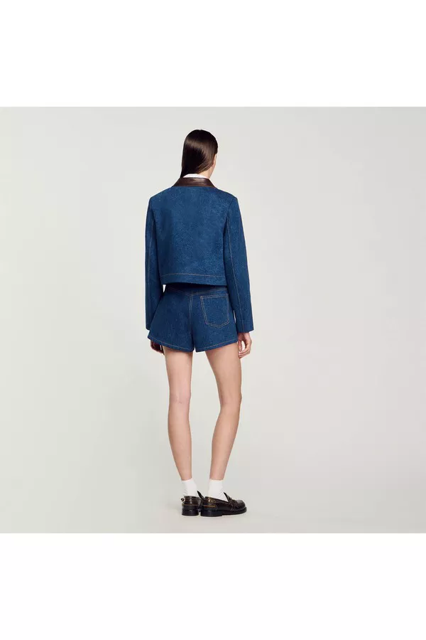 Denim Jacket With Leather Collar by Sandro at THE MILE