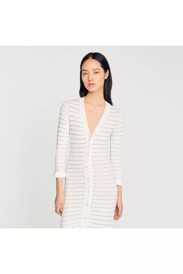 sandro pearl bead knit maxi dress Sandro Celeste Embellished Knit Maxi Dress with Cropped Pearled Cardig