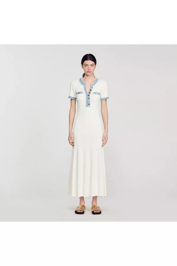 sandro knit and denim midi dress Julietta Denim Collar Knit Maxi Dress Navy Blue