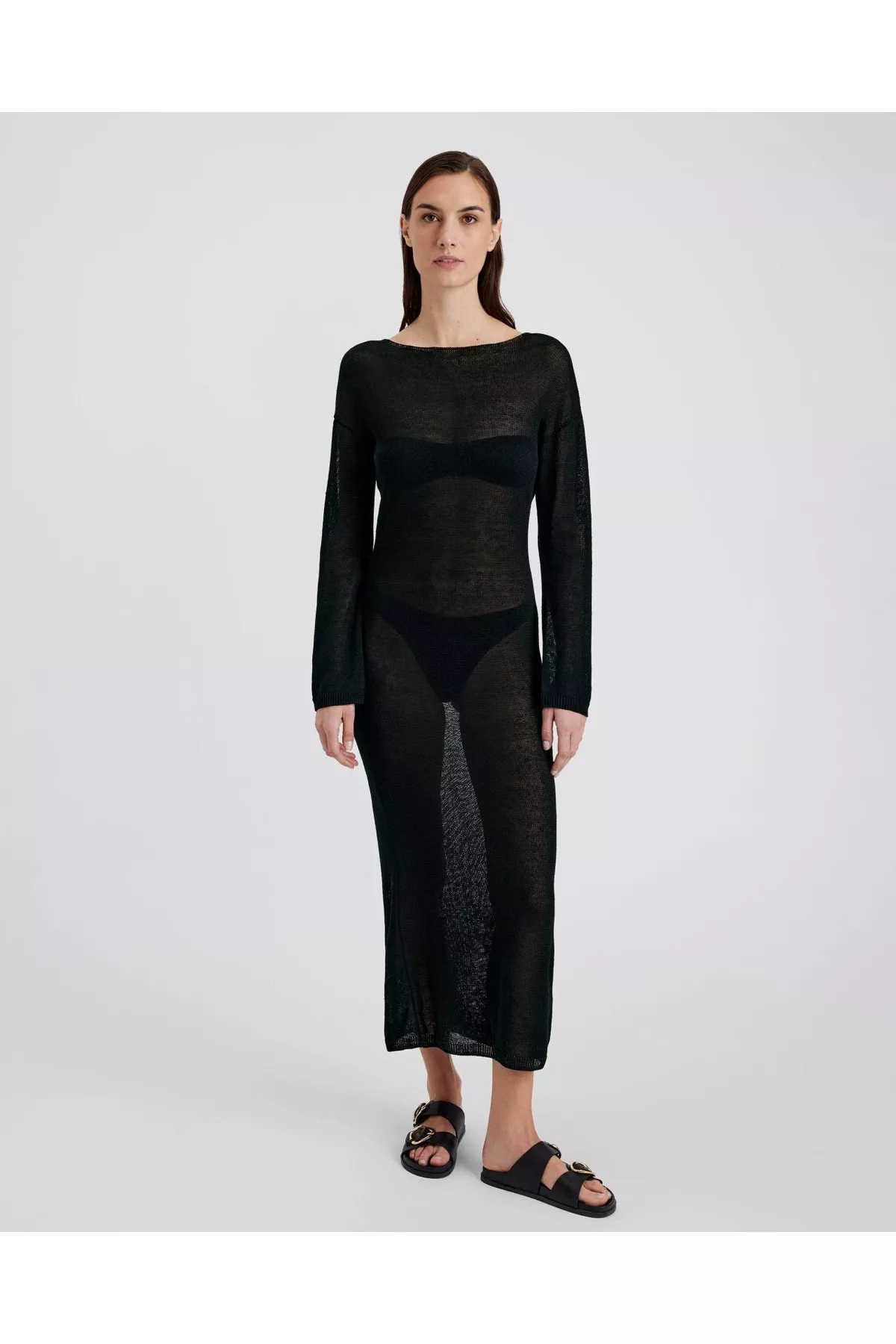 solid and striped long sleeve dress J.nna Color Block Striped and Solid Maxi Dress in Black White S