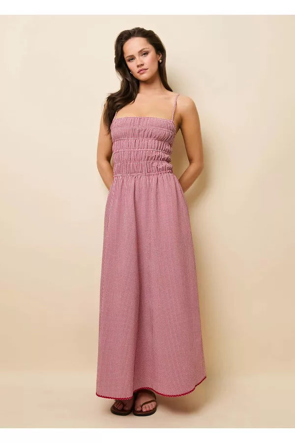 fitted lace wedding dress Rihoas Red Gingham Midi Dress Tie Strap Square Neck for Vacation Beach, Red / S