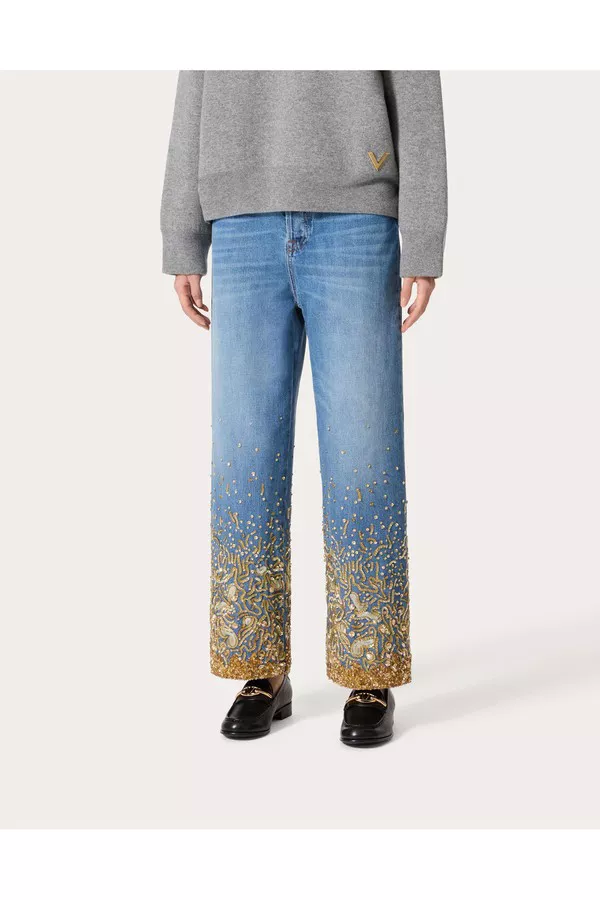 デニム・ジーパン VALENTINO GARAVANI EMBROIDERED DENIM PANTS Embroidered Denim Pants for Woman in Denim/multicolour