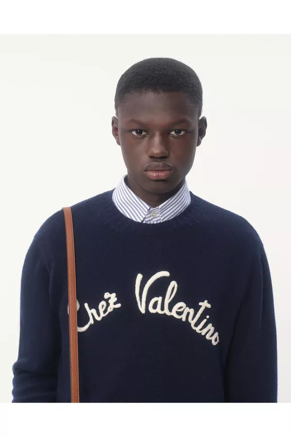 Wool Crewneck Sweater With Chez Valentino Embroidery by