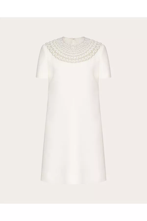 embroidered crepe couture short dress EMBROIDERED CREPE COUTURE MINI DRESS IN WHITE – Bella Galvan main image 1