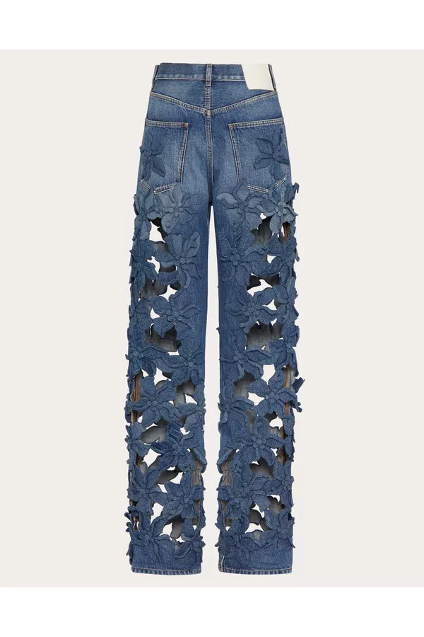 Embroidered Medium Blue Denim Pants by Valentino Garavani at