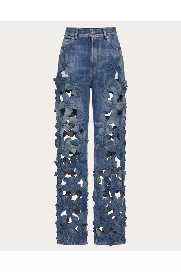 Embroidered Medium Blue Denim Pants by Valentino Garavani at Embroidered Medium Blue Denim Pants by Valentino Garavani at