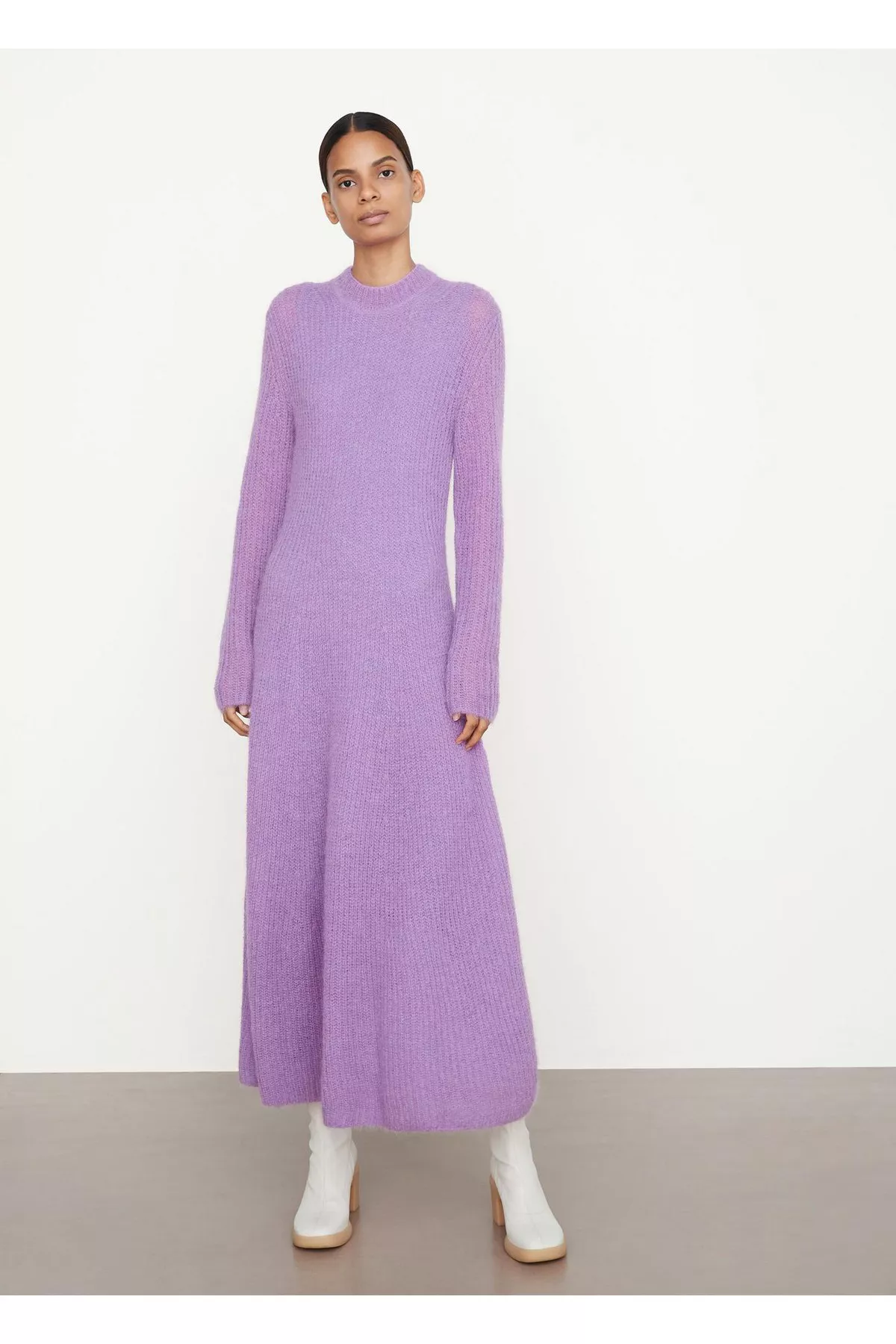 vince purple sweater dress Textured Long Sleeve Crew Neck Dress