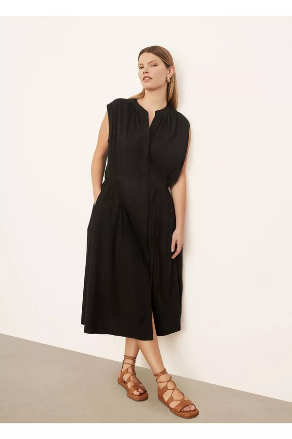 chinese dress ladies Vince Draped Sleeveless Midi Dress In Black Linen