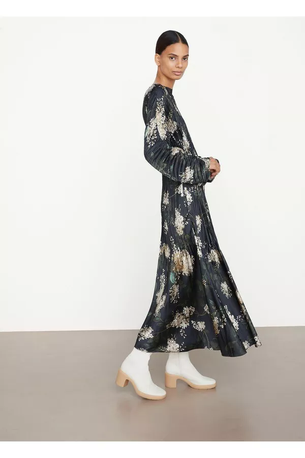 vince micro pleated dress Vince Micro Pleated Long Sleeve Midi Dress