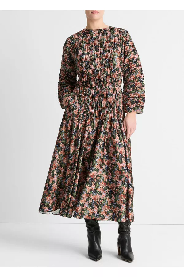 vince pleated satin long-sleeve dress Vince Pleated Long Sleeve Satin Dress In Fig - 40% Off