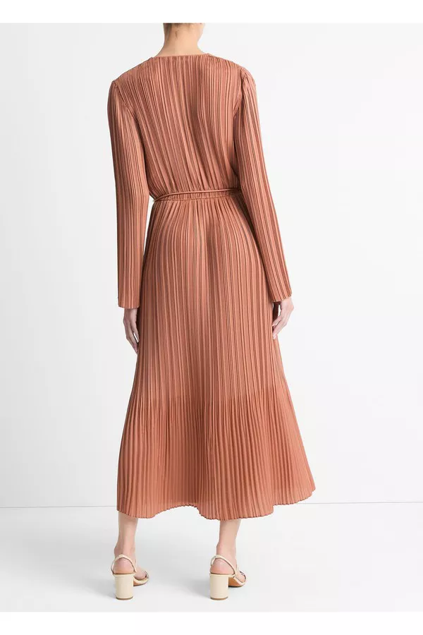 vince pleated satin long-sleeve dress Pleated Satin Long-Sleeve Dress in Vince Products Women