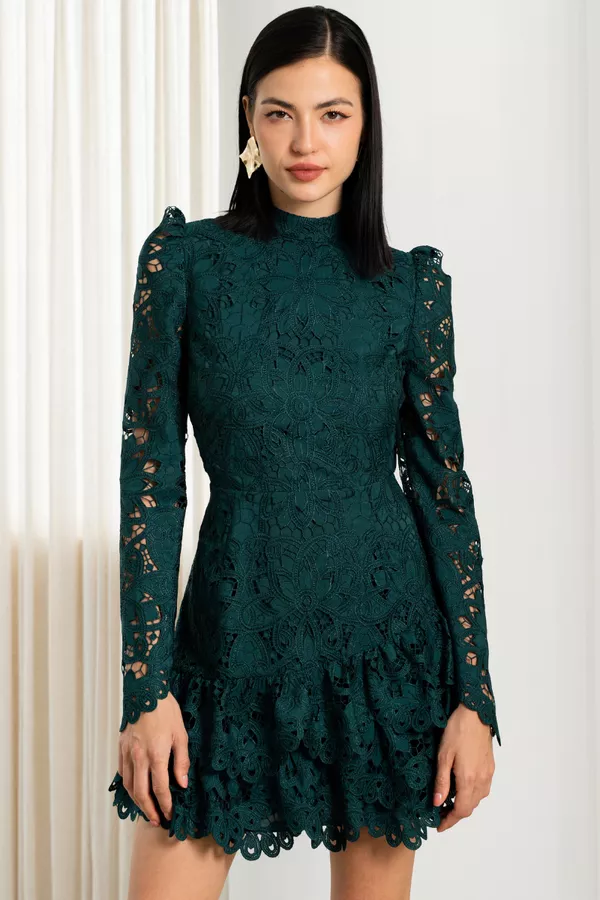 chinese dress ladies Yumi Burgundy Stretch Lace Puff Sleeve Midi Dress  Hstrends