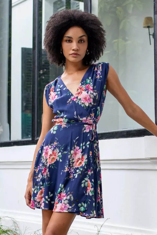 Mela Dresses Yumi Floral Print Wrap Dress Navy Yumi' Mela Ditsy