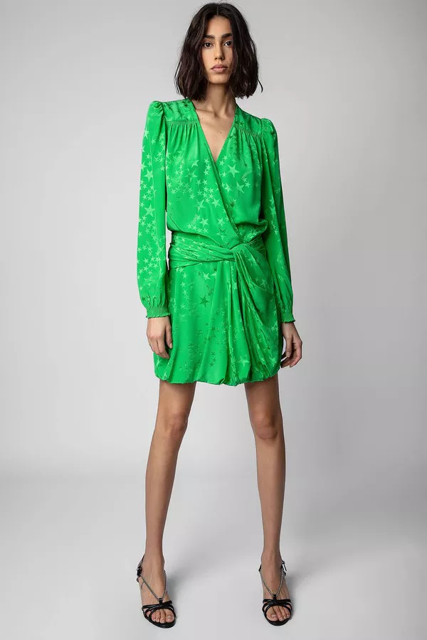 zadig green dress Zadig & Voltaire Green Logo Jacquard Silk Asymmetric Tie-Up Detail Midi Dress M Zadig & Voltaire